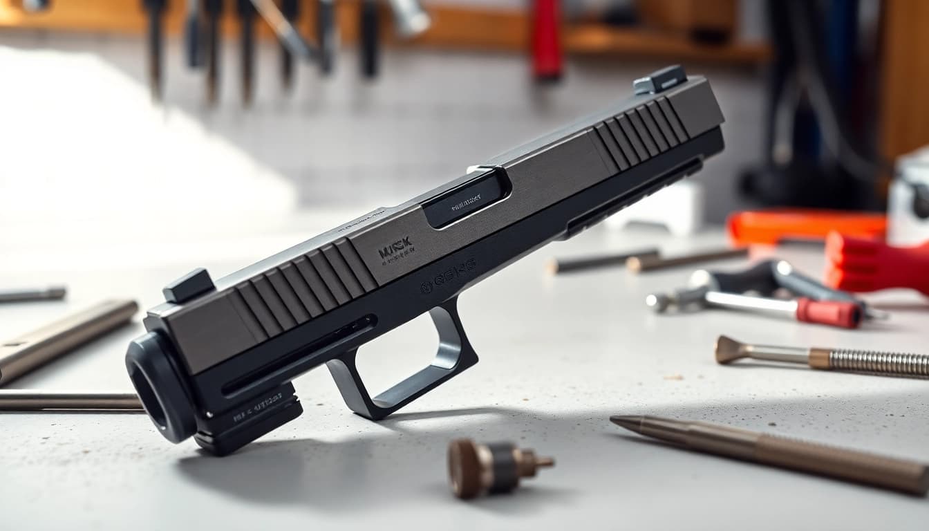 Showcasing a glock 17 slide oem with intricate details in a professional workshop setting.
