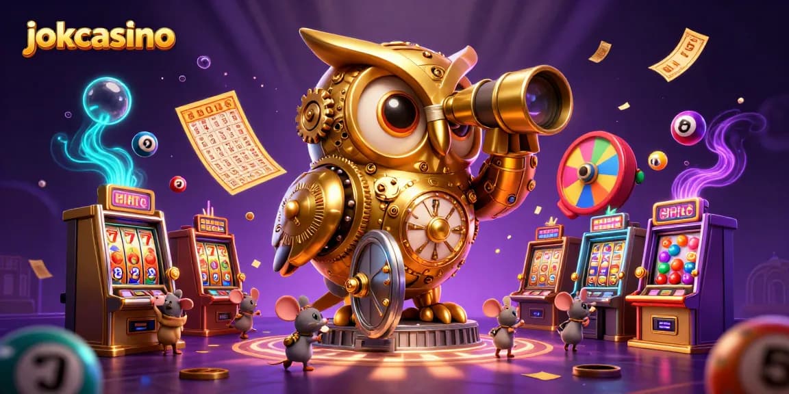 Engaging scene of jokacasino featuring a golden owl, vibrant slot machines, and lively lottery elements.