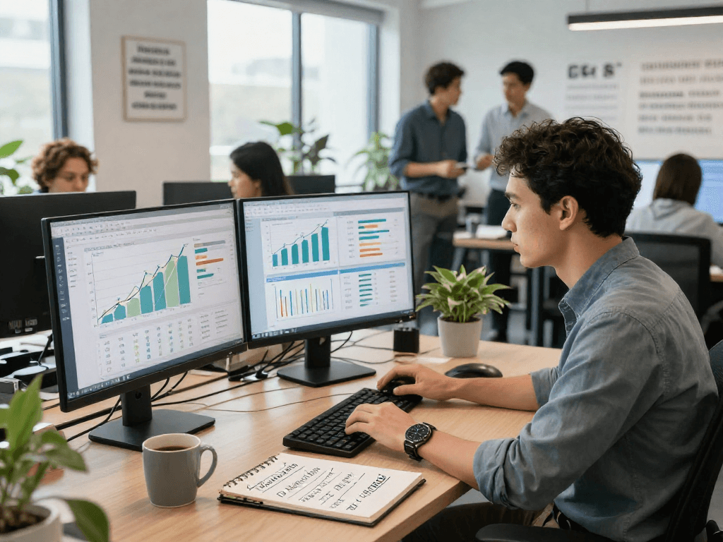 SEO specialist analyzing data for pbn links italy growth strategy in a modern office.
