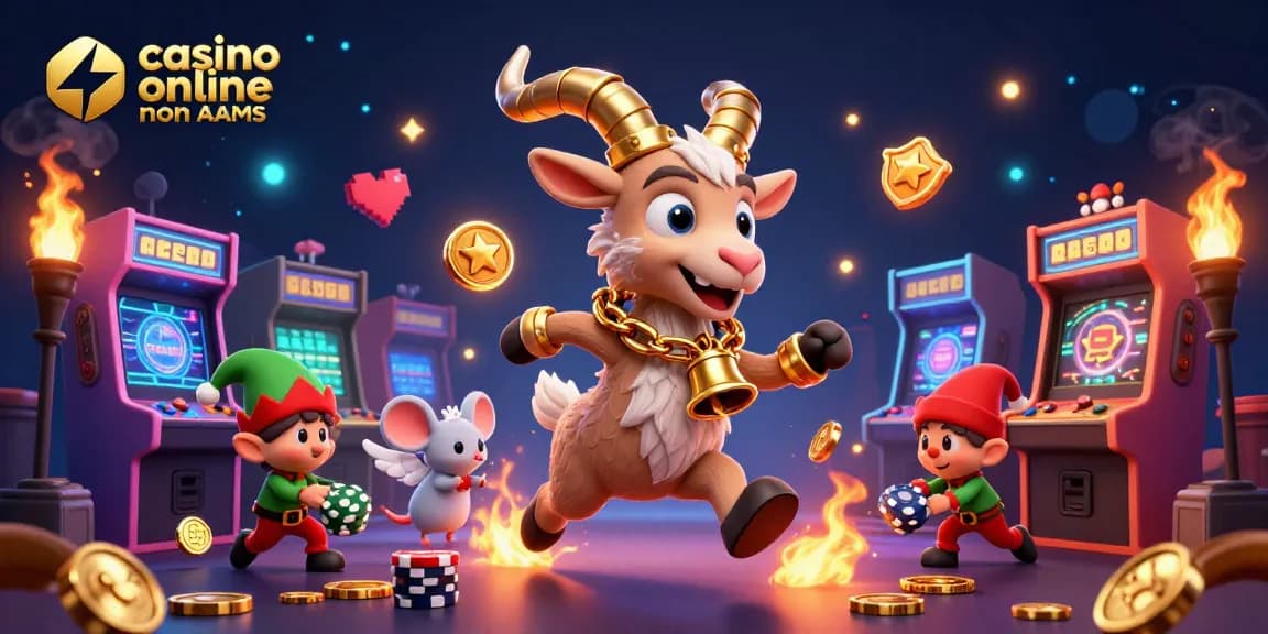 Giocatori attivi in un 'casino online non AAMS' con atmosfera festiva e personaggi vivaci che si divertono.