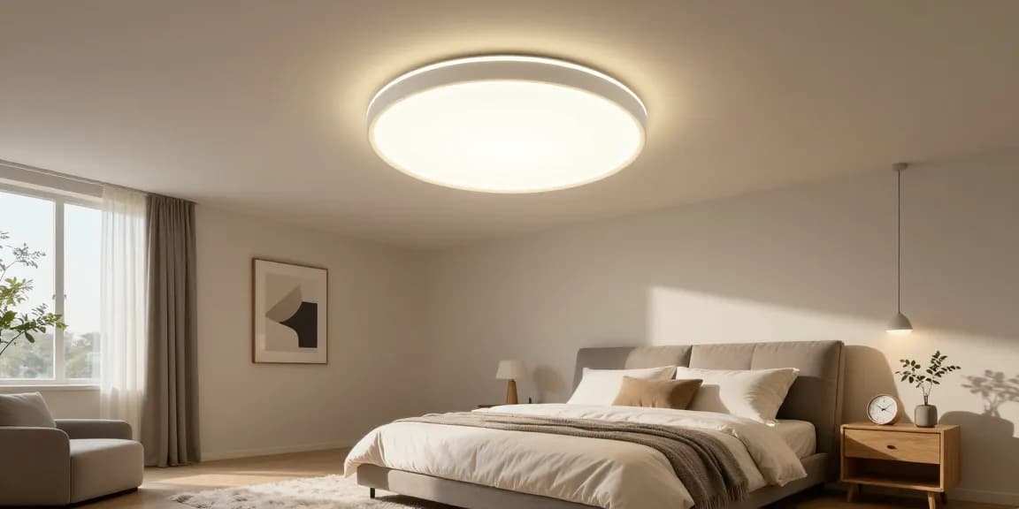 Lustra dormitor modernă cu iluminare LED în cameră, design elegant și atmosferă liniștită.