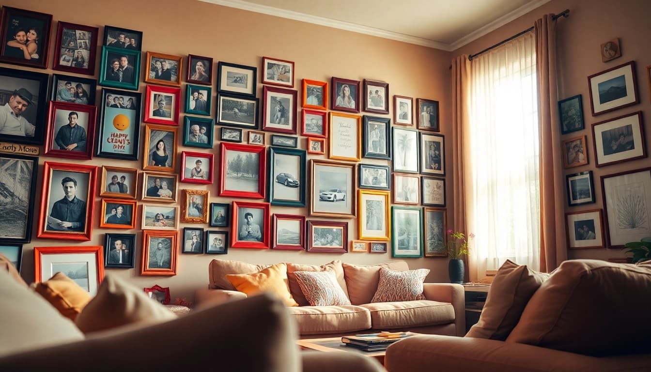 Engaging photo wall filled with memories in a cozy living room setting.