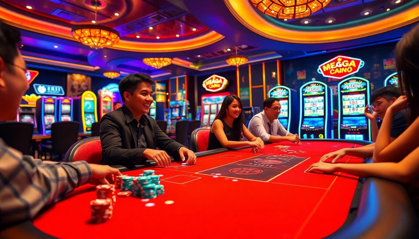 Menangkan permainan Mega888 Malaysia dengan suasana kasino yang meriah dan pemain bersemangat.