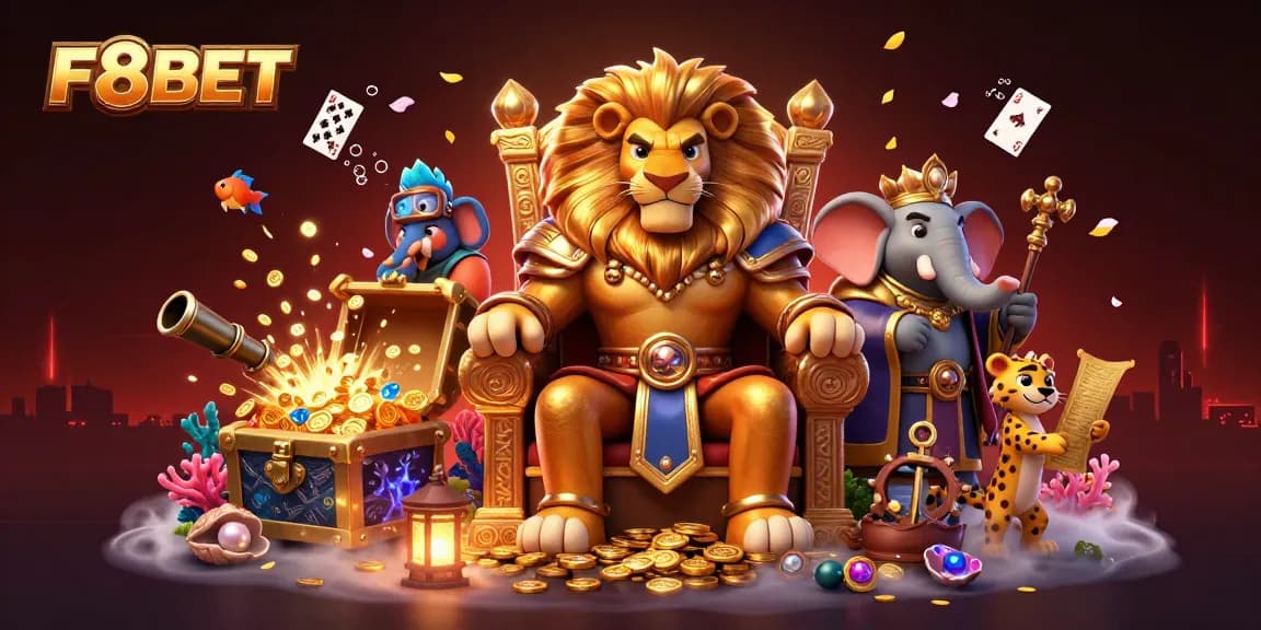 F8BET showcases a vibrant, energetic scene with a lion king, elephant advisor, and cheetah, celebrating casino wins.