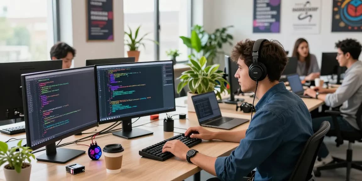 Developer coding at a tech workspace showcasing 456bd tools and collaboration.