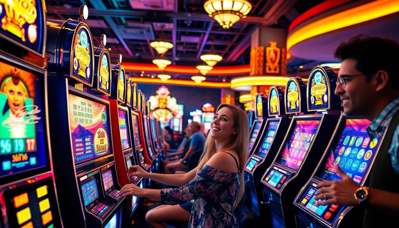 Engaging slot gambling experience in a vibrant casino with players enjoying exciting machines.