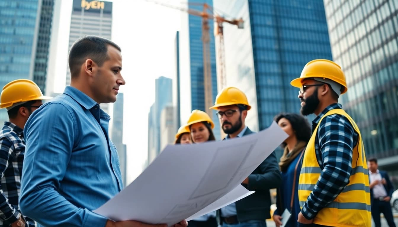 New York Construction Manager leading a project with a diverse team in an urban setting.