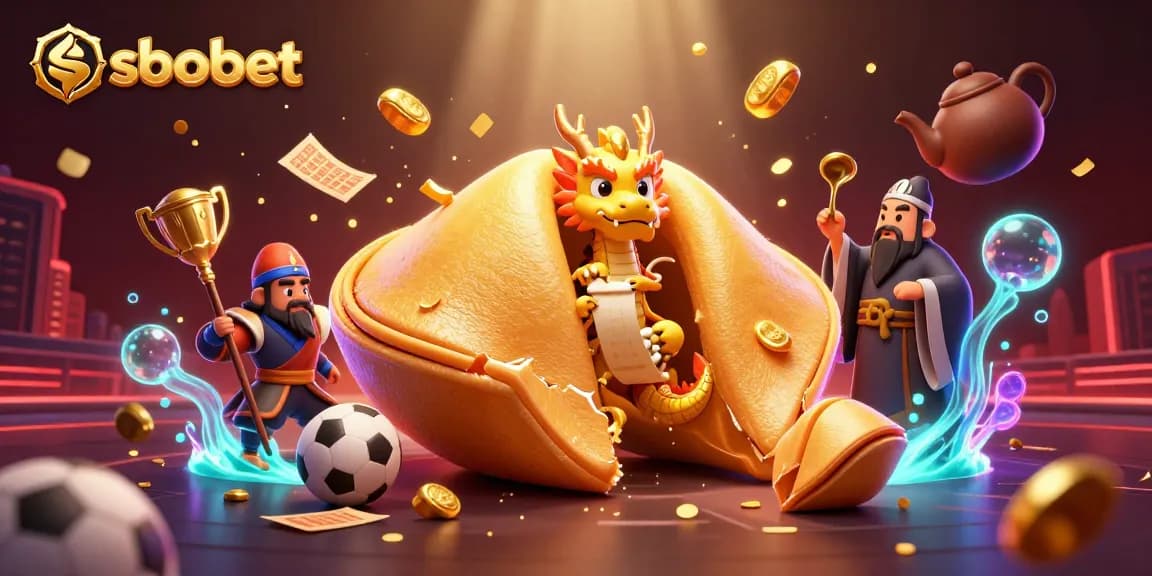 Bet on sbobet's exciting sports betting with dragon guardians and fortune cookies in this vibrant illustration.