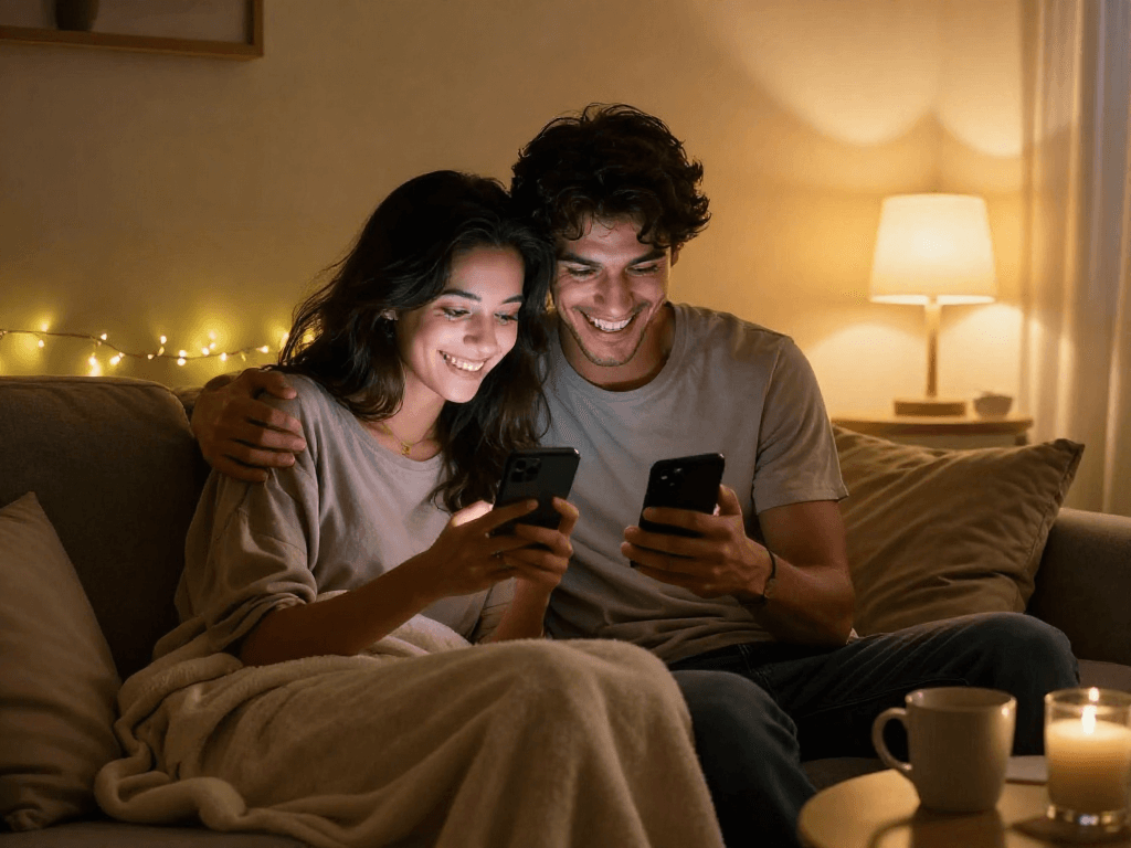 Couple enjoying ai sexting while cozy on a sofa, flirty smartphone messages illuminated by warm lighting.