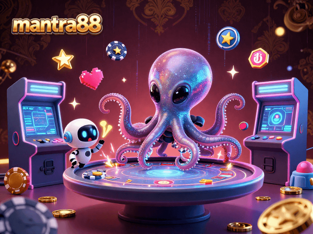 Play poker with mantra88's alien octopus at a holographic table amidst vibrant game elements.