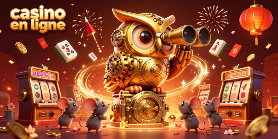 Un moment festif sur un casino en ligne avec un hibou d'or et des petites souris entre les machines à sous.