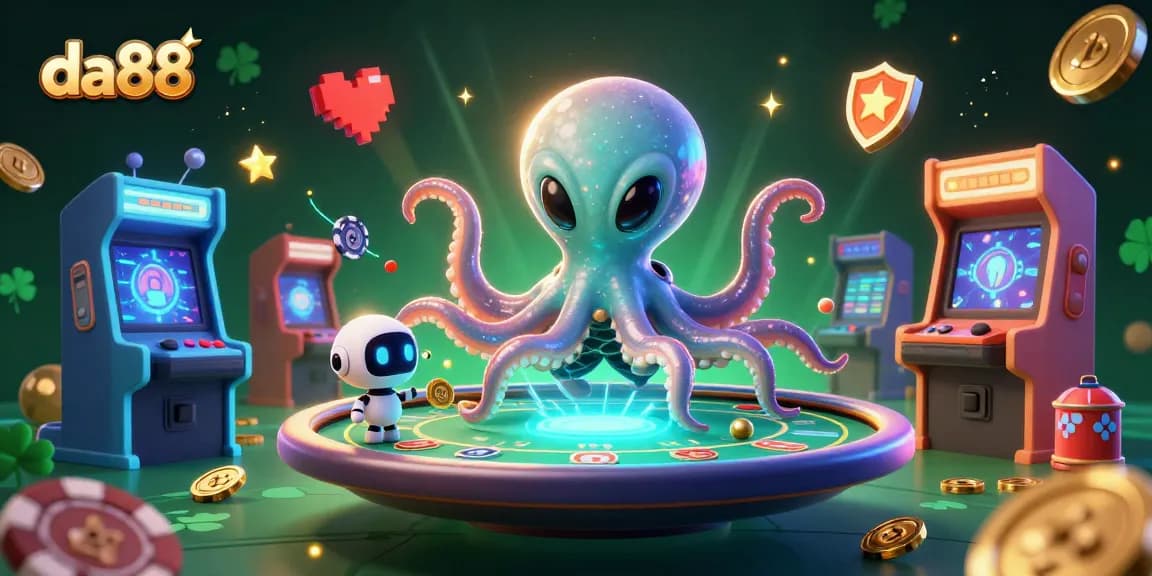 Engage in thrilling poker action at da88 with an alien octopus and robotic companion.
