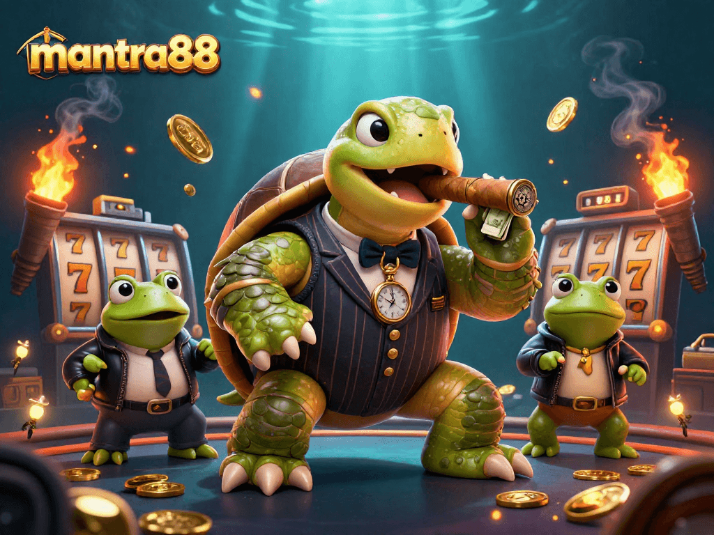 Experience thrilling wins at mantra88 with a massive snapping turtle in a dynamic casino scene.