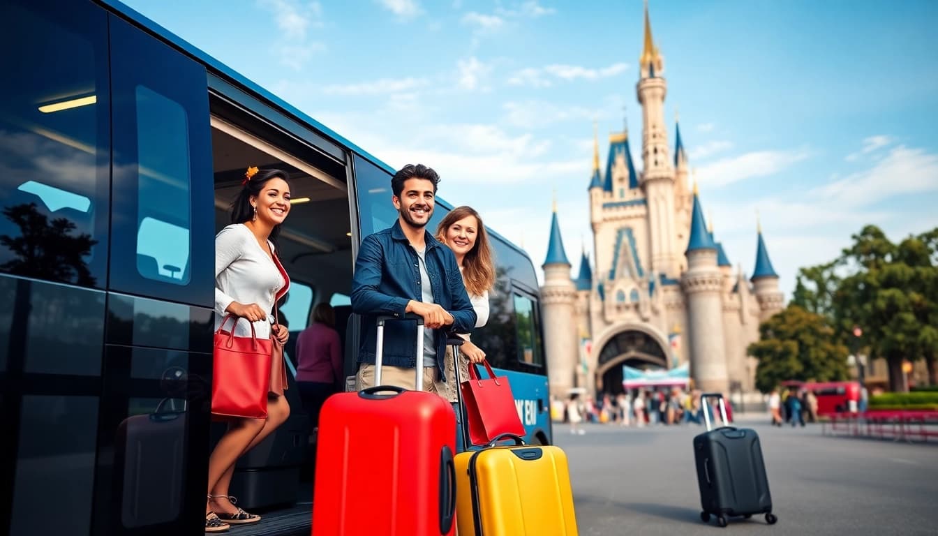 Families traveling from Disneyland Paris to airport via shuttle service.