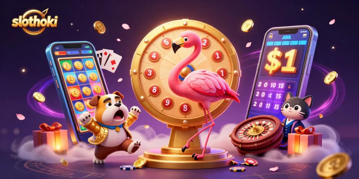 Permainan slot seru di Slothoki: flamingo, bulldog, dan kucing di acara permainan.