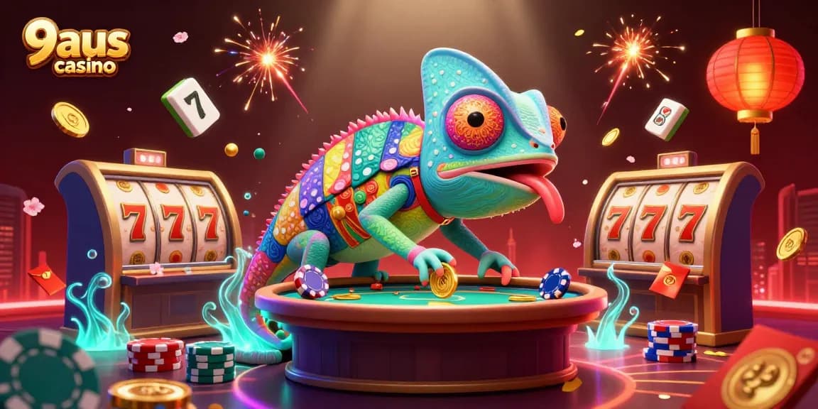 Engage with the thrilling 9aus casino scene featuring dynamic chameleon and vibrant game elements.