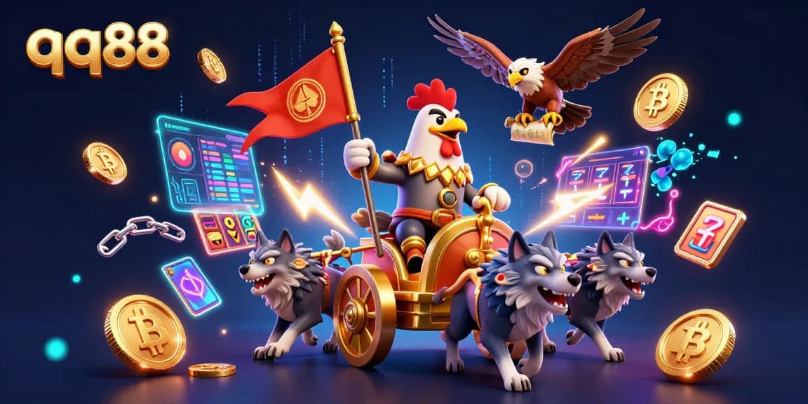 Experience thrilling gaming with qq88's vibrant casino action featuring animated characters and crypto elements.