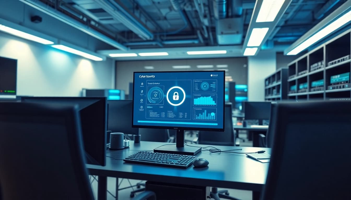 Engaging setup for cyber essentials managed service showcasing a modern cybersecurity workstation.