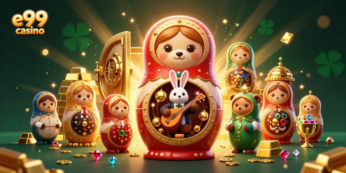Engage with e99 casino's thrilling atmosphere, featuring vibrant bears and dazzling treasures.