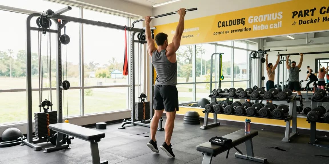 Astera Shop promotional fitness scene featuring an athlete performing pull-ups in a vibrant gym.