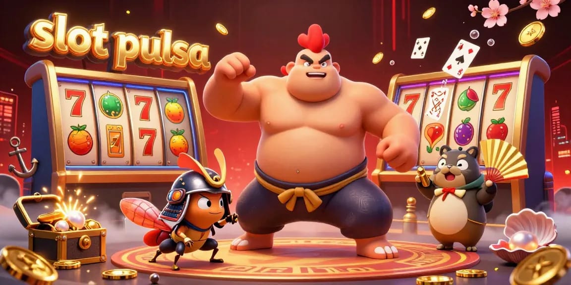 Experience the thrill of slot pulsa action featuring a powerful sumo rooster in a dynamic casino scene.