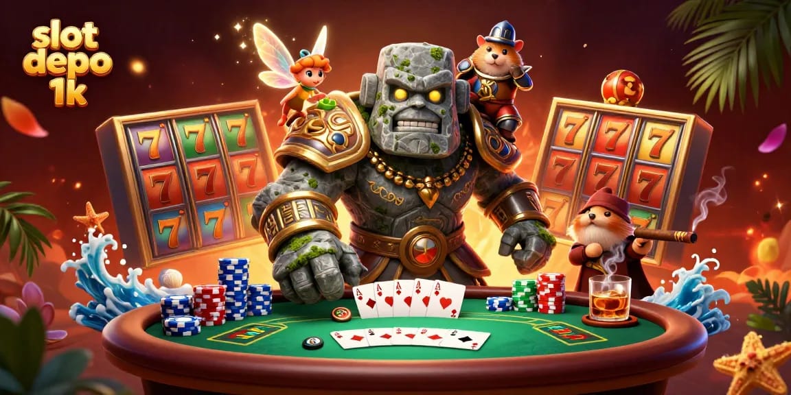 Experience thrilling action with slot depo 1k in this vibrant, ultra-detailed casino illustration.
