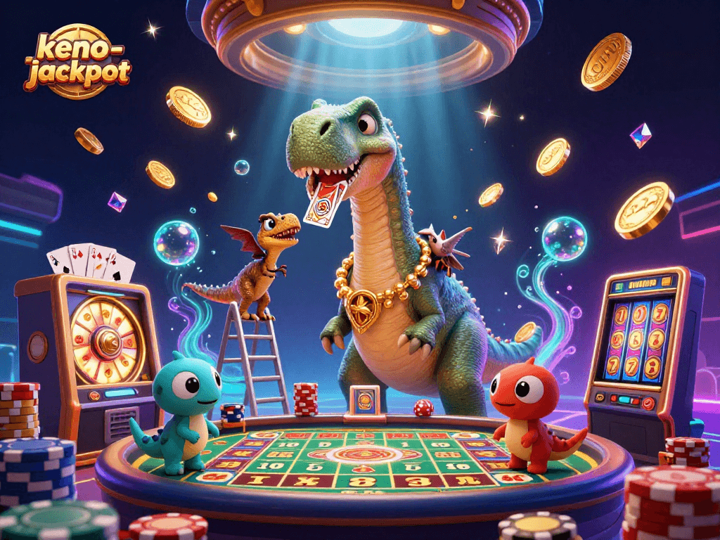Experience keno-jackpot with a whimsical 3D illustration depicting playful dinosaurs at a keno table.
