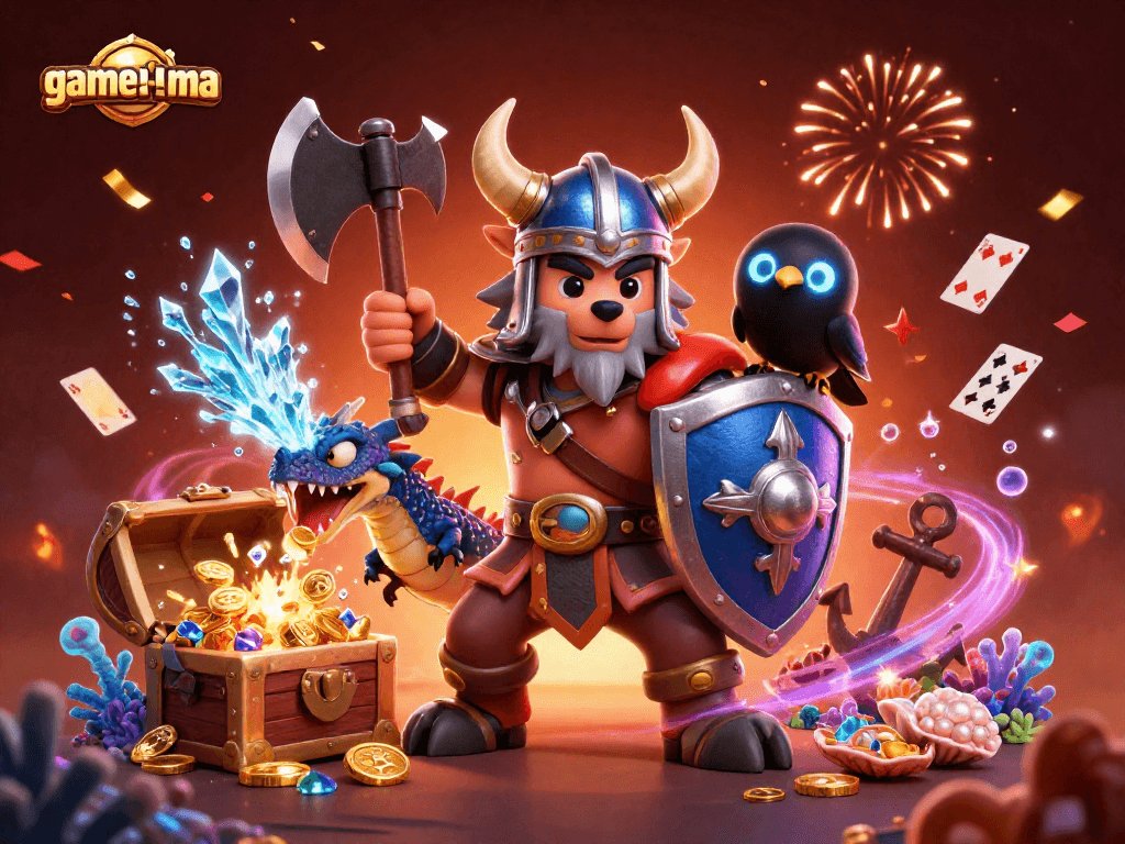 Experience thrilling action with game-la-ma: Viking wolf, ice dragon, and raven in a rich casino scene.