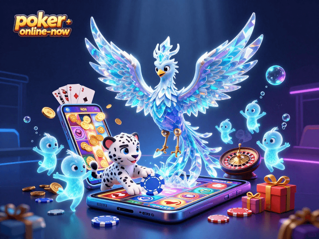 Experience thrilling action at poker-online-now with a vibrant 3D poker scene featuring poker chips and cards.