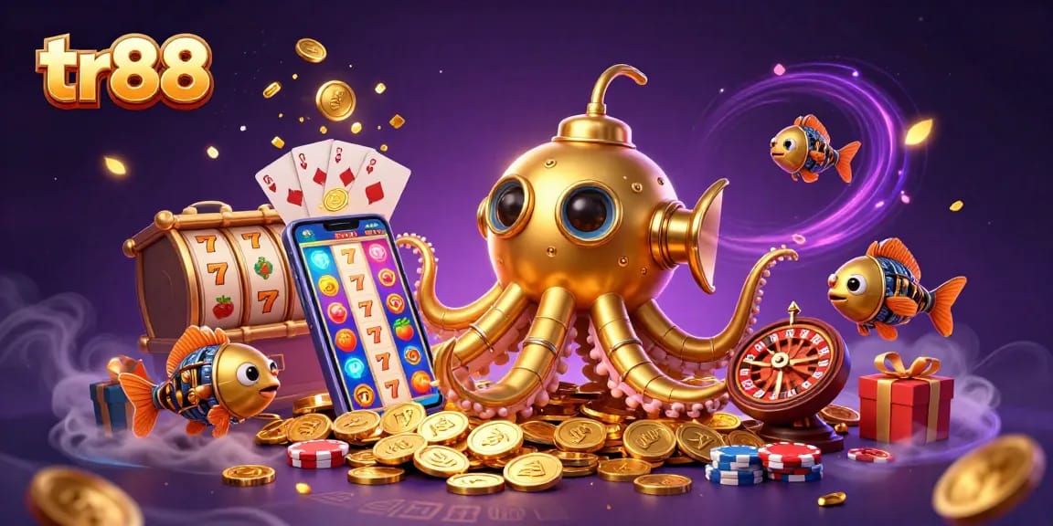 Experience tr88’s vibrant casino adventure with a kraken submarine amid spinning slots and golden coins.