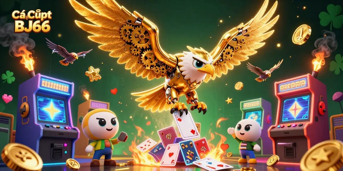 Cá Cược Cricket BJ66 mang đến hình ảnh sống động với đại bàng vàng và trò chơi arcade ấn tượng.