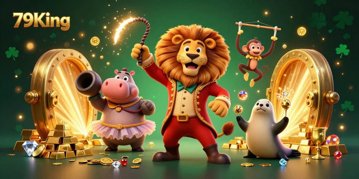 Engage with 79King's vibrant casino world, featuring dynamic circus characters amidst treasure and excitement.
