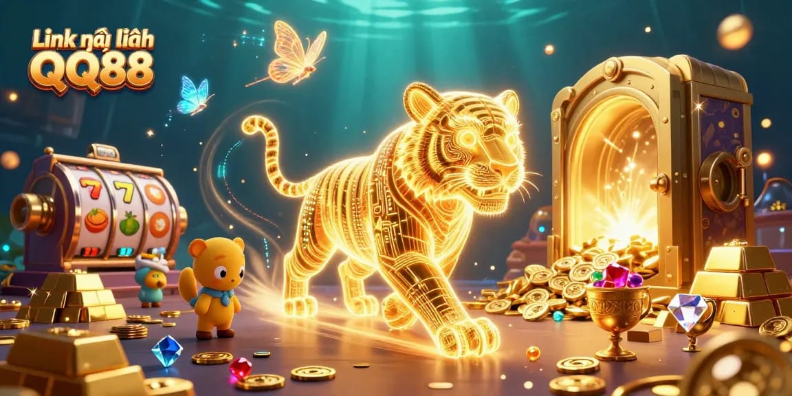 Engage with Link mới nhất QQ88 in this vibrant casino illustration filled with slot reels and winning treasures.