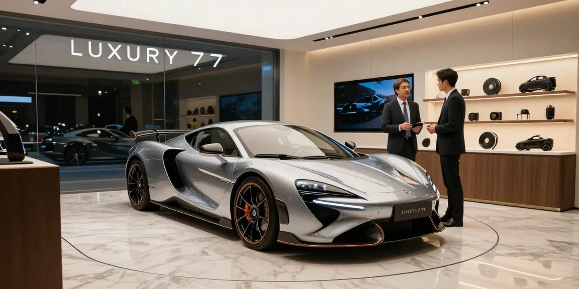 Mobil mewah LUXURY 777 di showroom modern dengan pencahayaan ambient, mengilapkan desain dan finishing, dikelilingi konsultan penjualan dan aksesori premium.