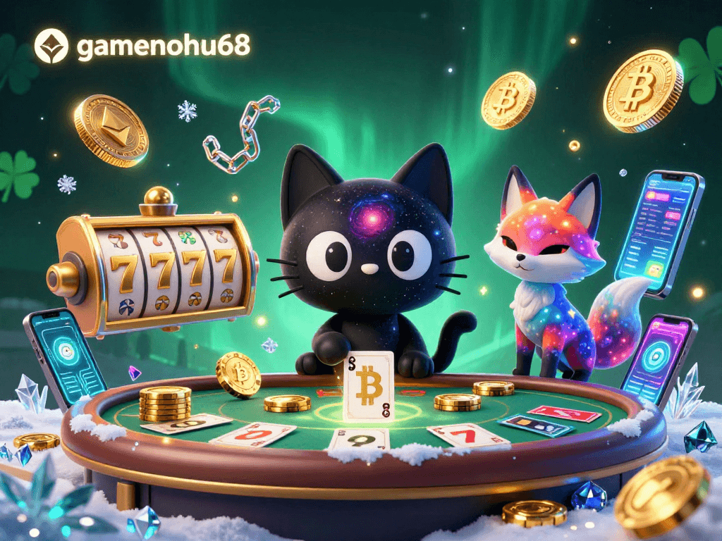 Engage with gamenohu68's cosmic gaming experience featuring a black hole cat and vibrant elements.