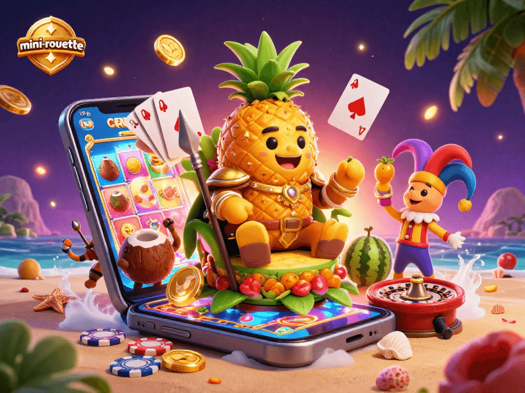 Experience the mini-roulette excitement with a vibrant 3D scene of casino elements like spinning reels and poker chips.
