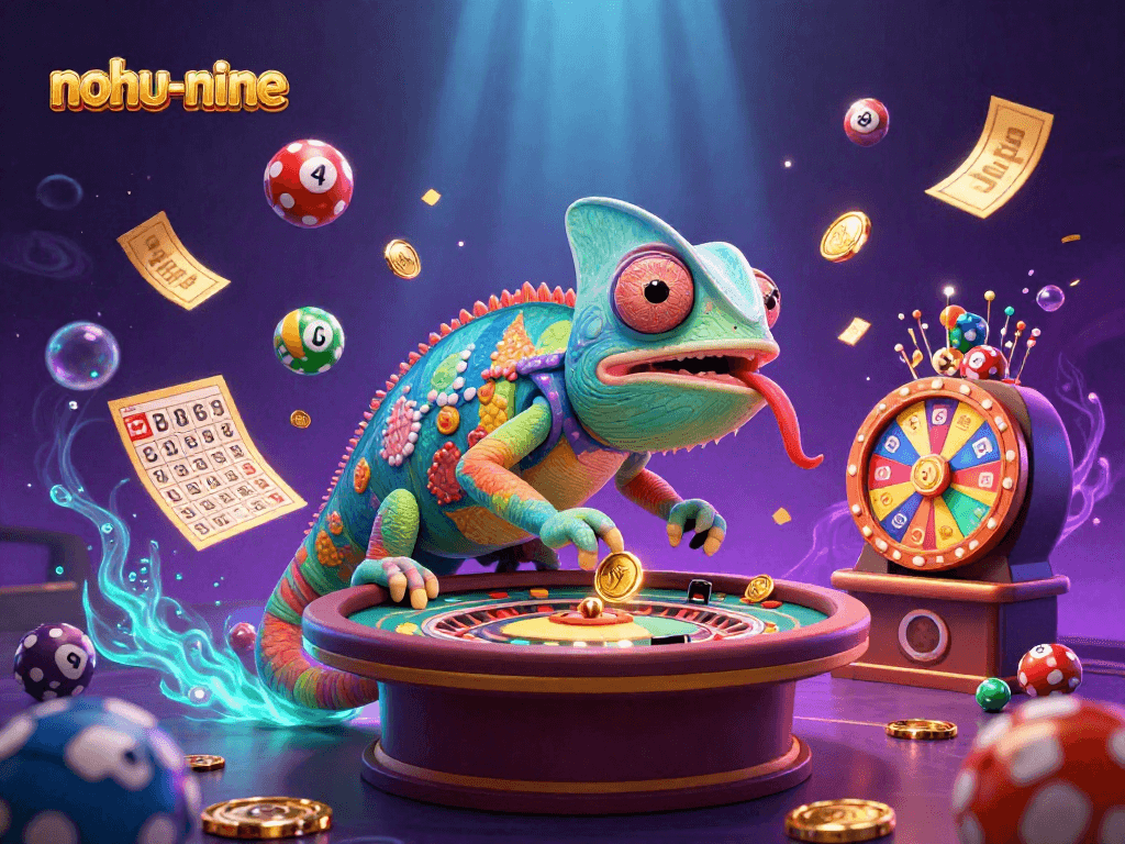 Nohunine chameleon casino owner captures golden coins while surrounded by vibrant lottery elements.