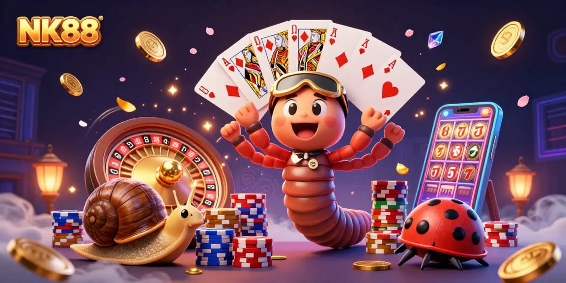 Join the thrilling action at NK88 with a lively casino scene capturing excitement, games, and colorful chips!