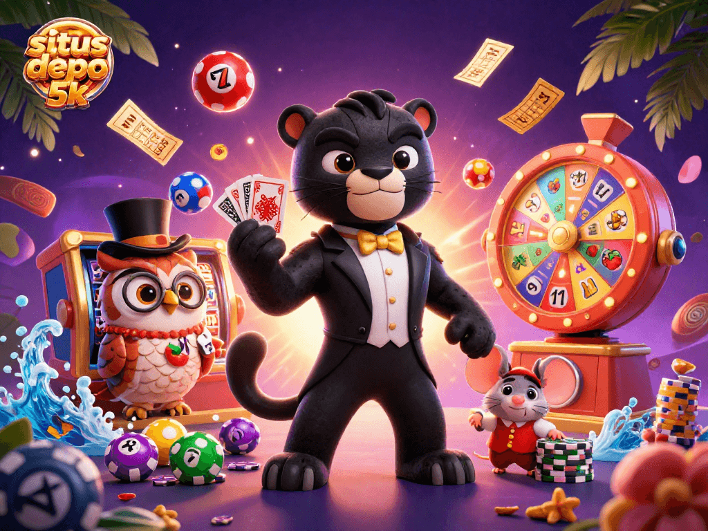 Experience situs depo 5k as the stylish panther deals cards, amid vibrant casino elements and excitement.