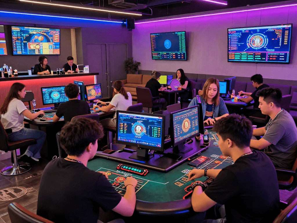 Players enjoying a crypto casino experience with digital gaming and vibrant atmosphere.