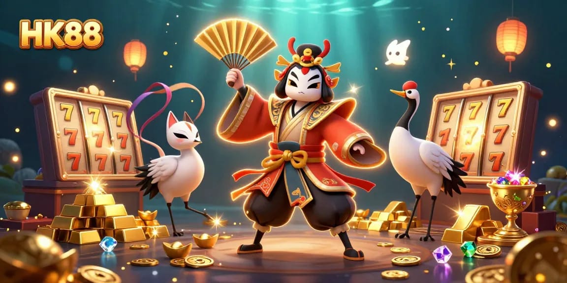 Experience the thrill of HK88 with vibrant slot machines and festive decorations in this dynamic casino scene.
