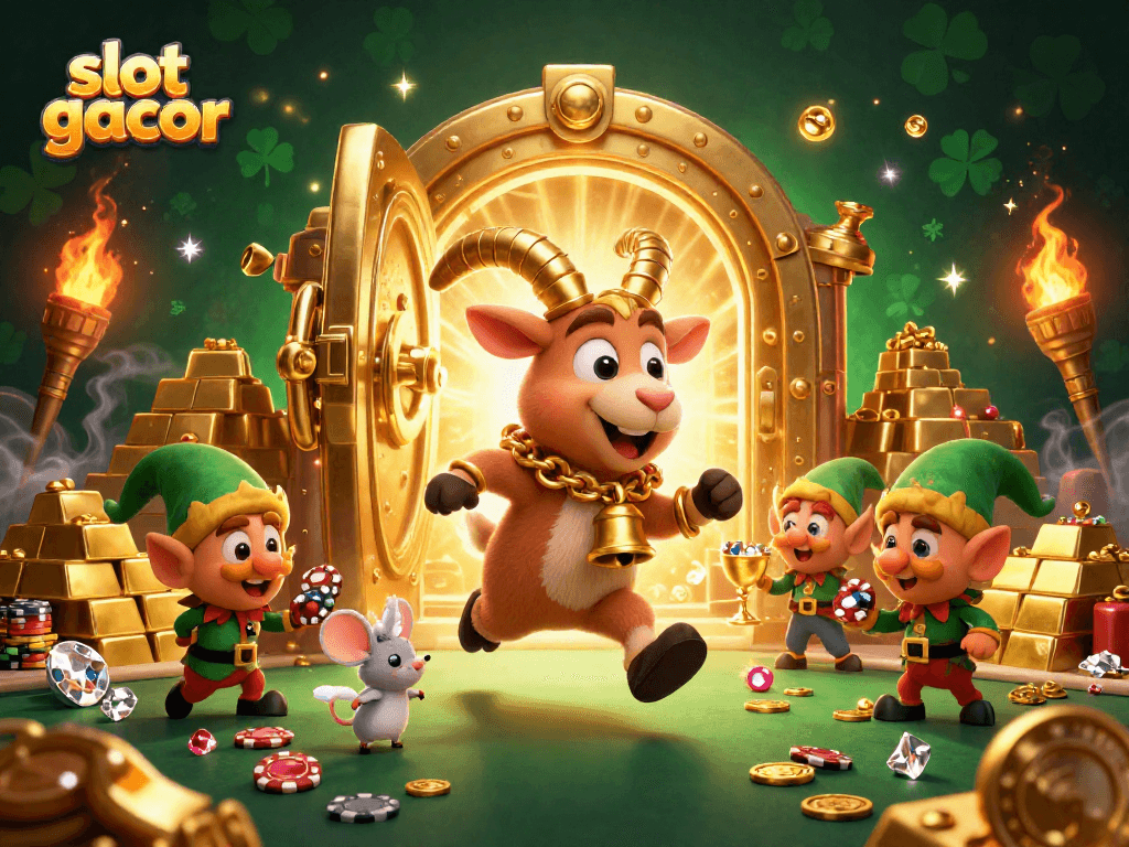 Slot gacor menampilkan kasino penuh harta karun yang dipenuhi karakter kartun ceria dan elemen kasino