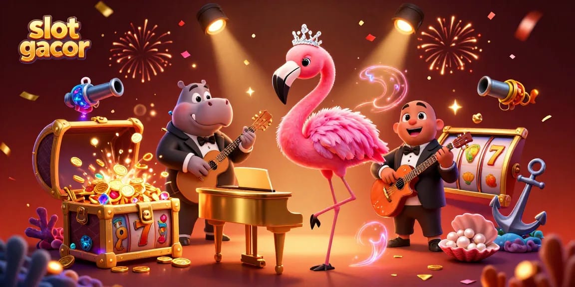 Experience vibrant slot gacor action with a flamingo singer and hippo bassist in a dazzling casino scene.