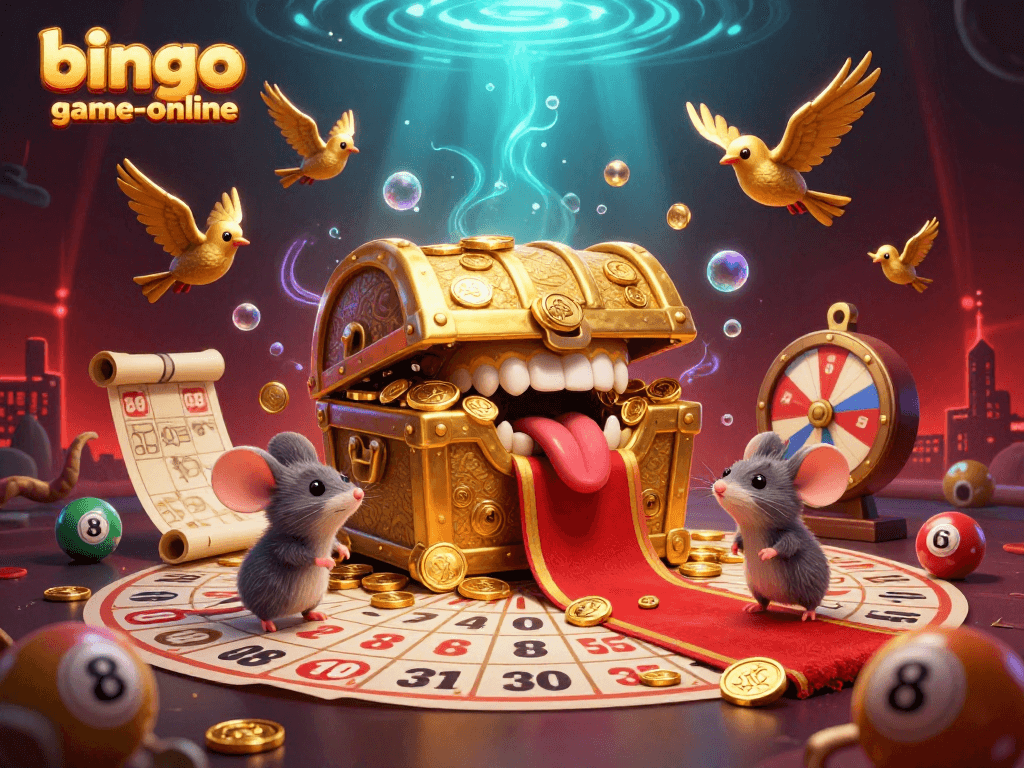 Bingo-game-online showcases a vibrant illustration of a bingo treasure chest enticing adventurer mice, featuring colorful bingo elements.
