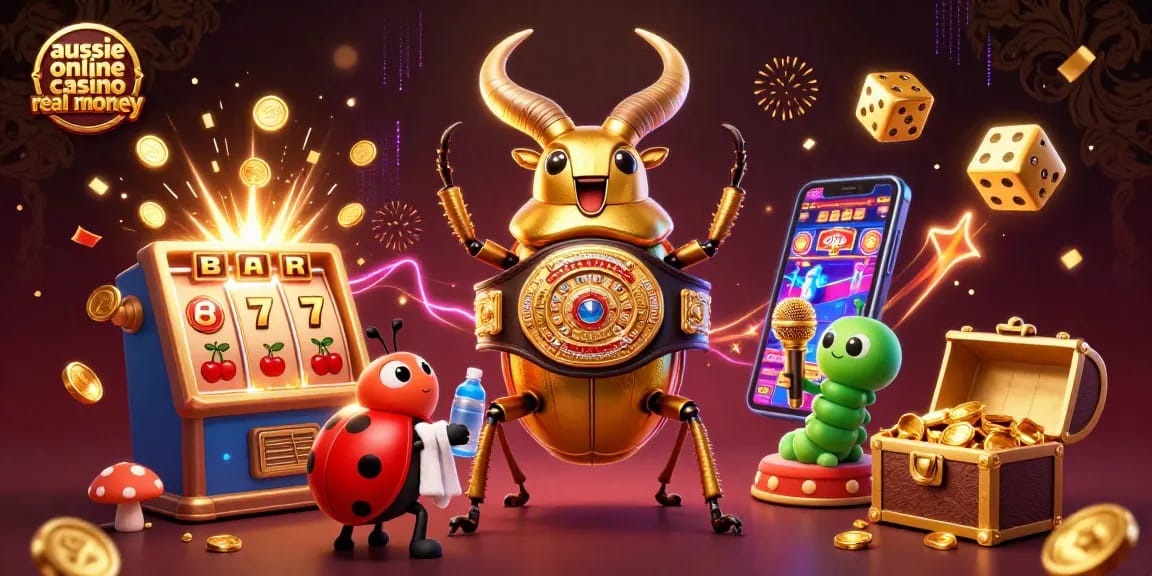 A vibrant scene featuring aussie online casino real money with cartoon characters engaging in a dynamic boxing match.
