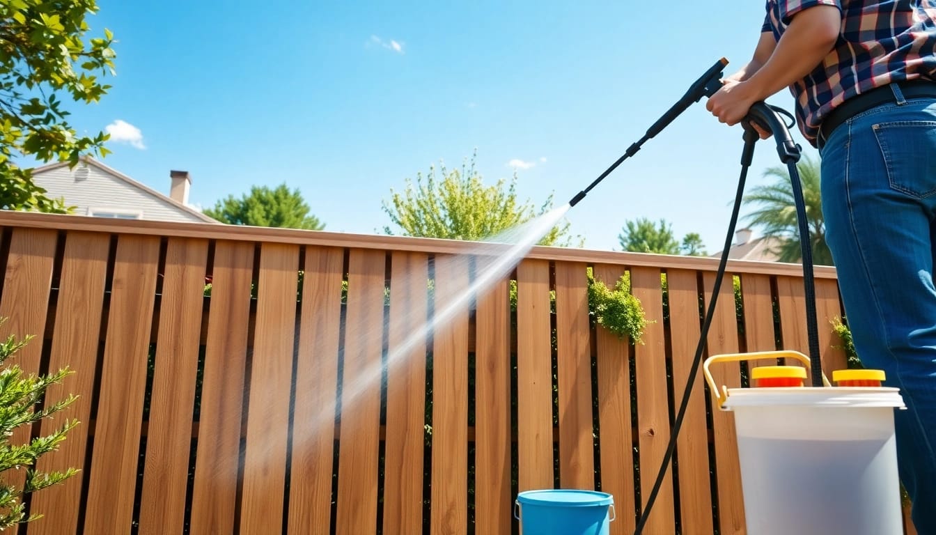Vibrant scene of Fence Cleaning showcasing a professional cleaning a wooden fence with a soft wash solution.