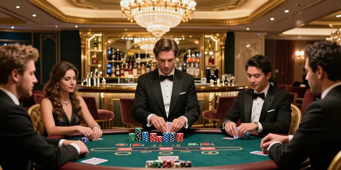 Tampilan lingkungan perjudian mewah LUXURY777 dengan pemain elegan di meja poker.
