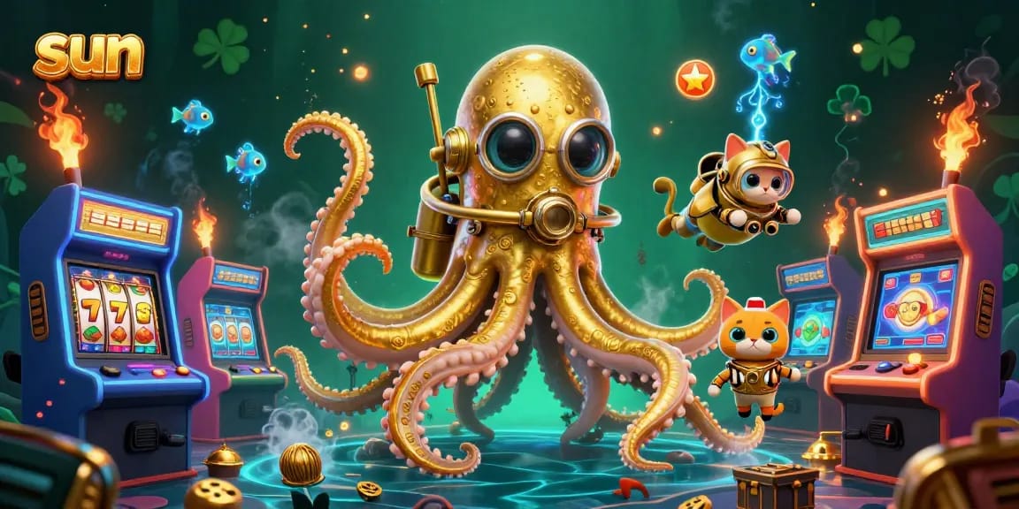 Engage with the exciting sun-themed casino scene featuring a kraken and diving cat in a treasure-filled ocean.