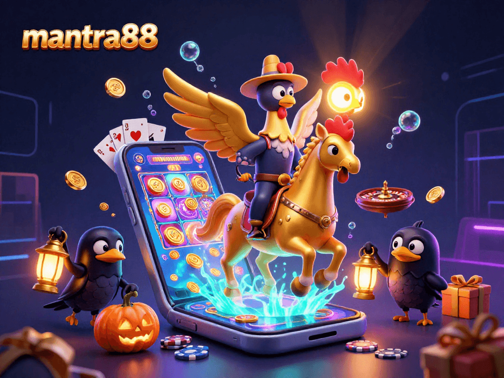 Experience thrilling gameplay at mantra88 with a dazzling scene featuring colorful slot games, golden coins, and energetic casino vibes.