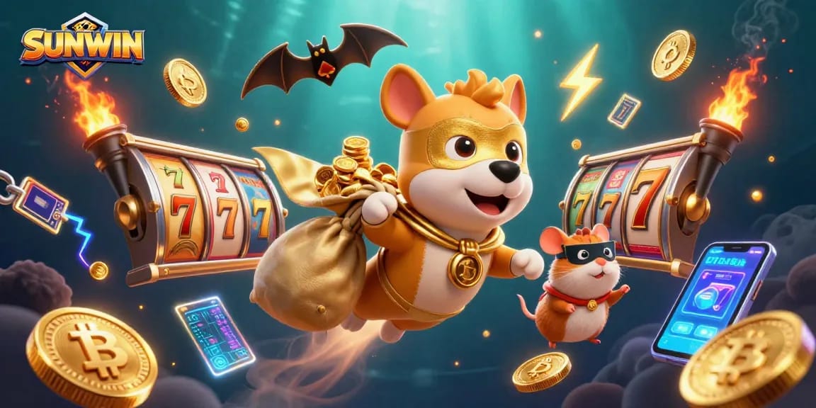 SUNWIN gaming experience with a superhero dog and a hamster surrounded by colorful slot symbols and coins